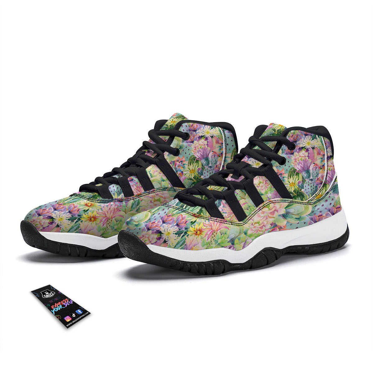 Watercolor Cactus Black Bball Shoes-grizzshop