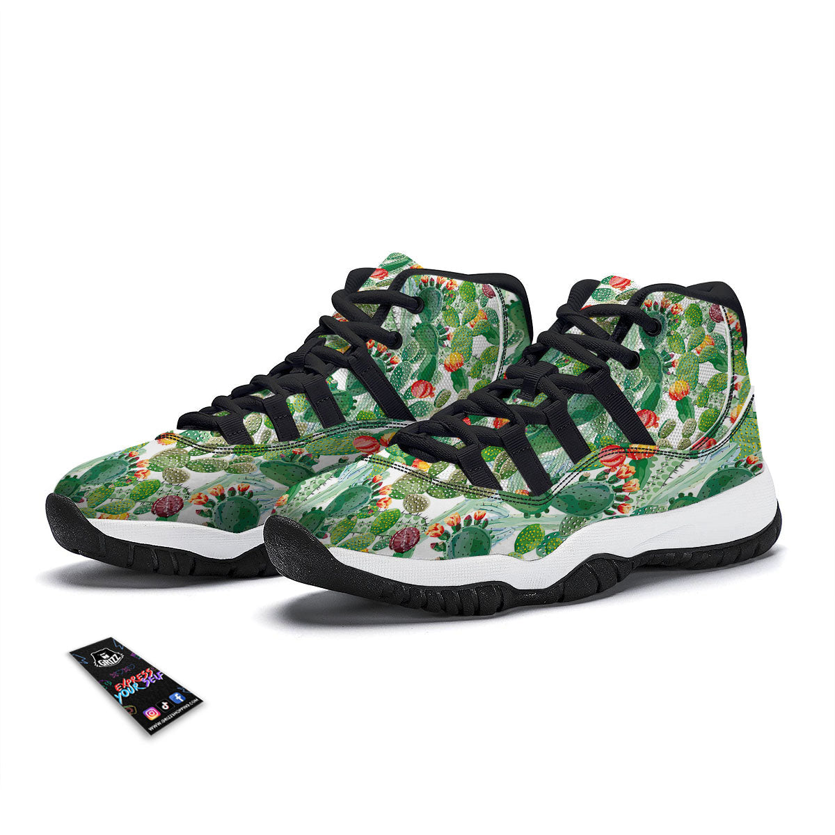Watercolor Cactus Print Black Bball Shoes-grizzshop