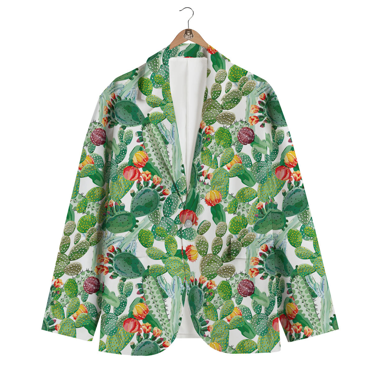 Watercolor Cactus Print Men's Blazer-grizzshop