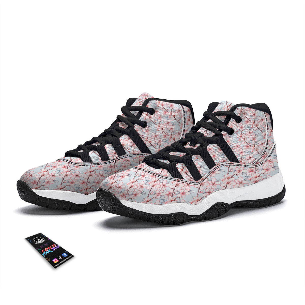 Watercolor Cherry Blossom Black Bball Shoes-grizzshop