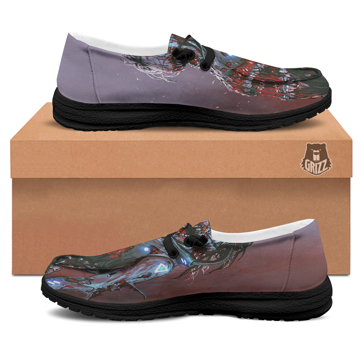 Watercolor Creepy Monsters Open Mouth Print Black Loafers-grizzshop