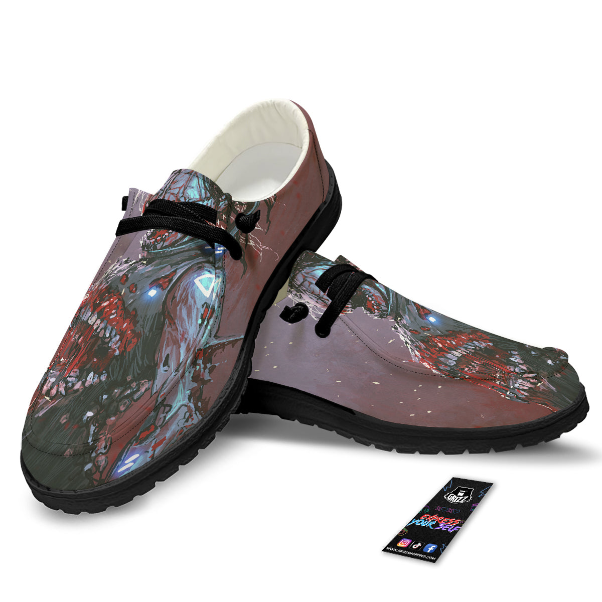 Watercolor Creepy Monsters Open Mouth Print Black Loafers-grizzshop