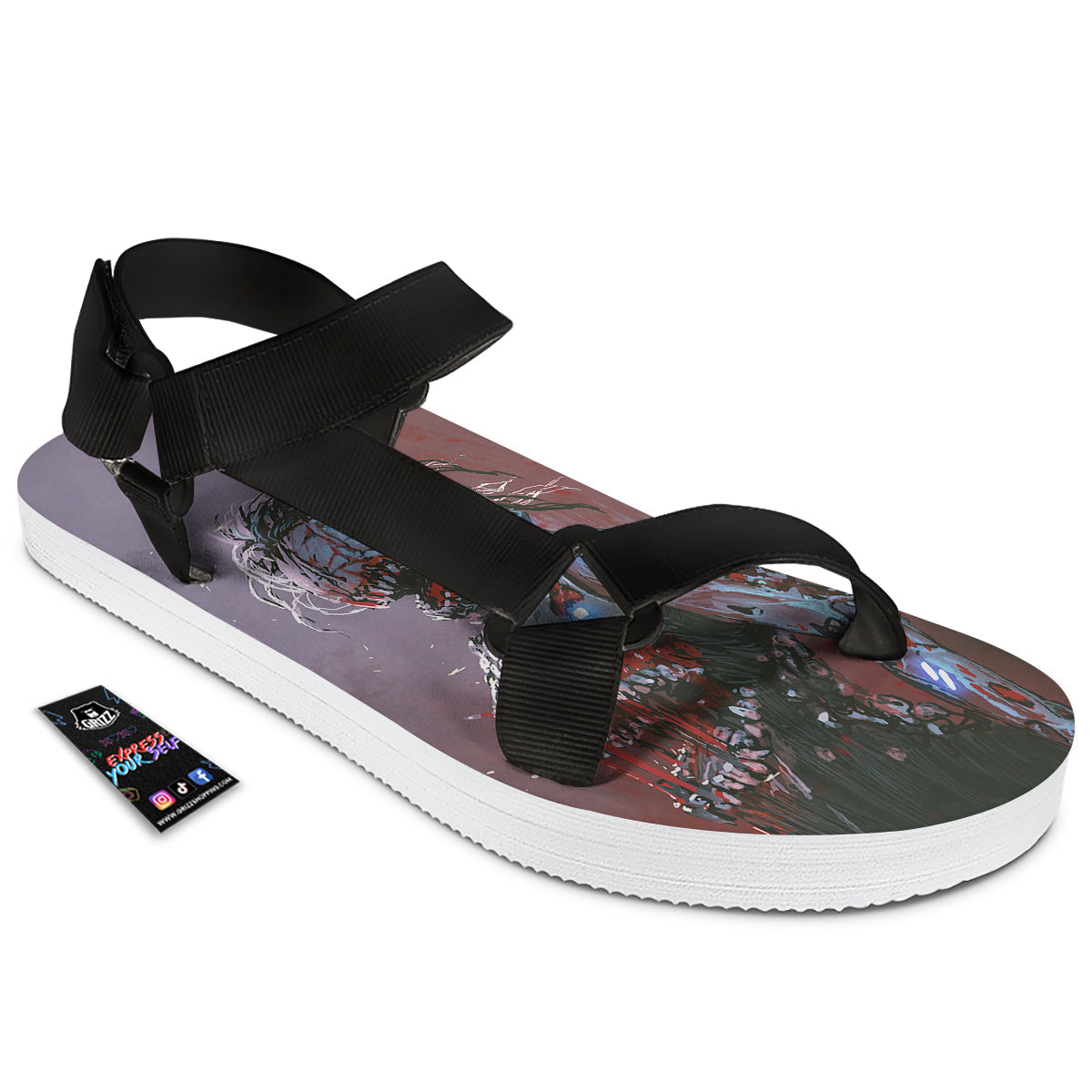 Watercolor Creepy Monsters Open Mouth Print Black Open Toe Sandals-grizzshop