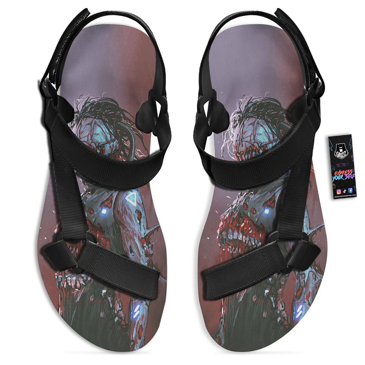 Watercolor Creepy Monsters Open Mouth Print Black Open Toe Sandals-grizzshop