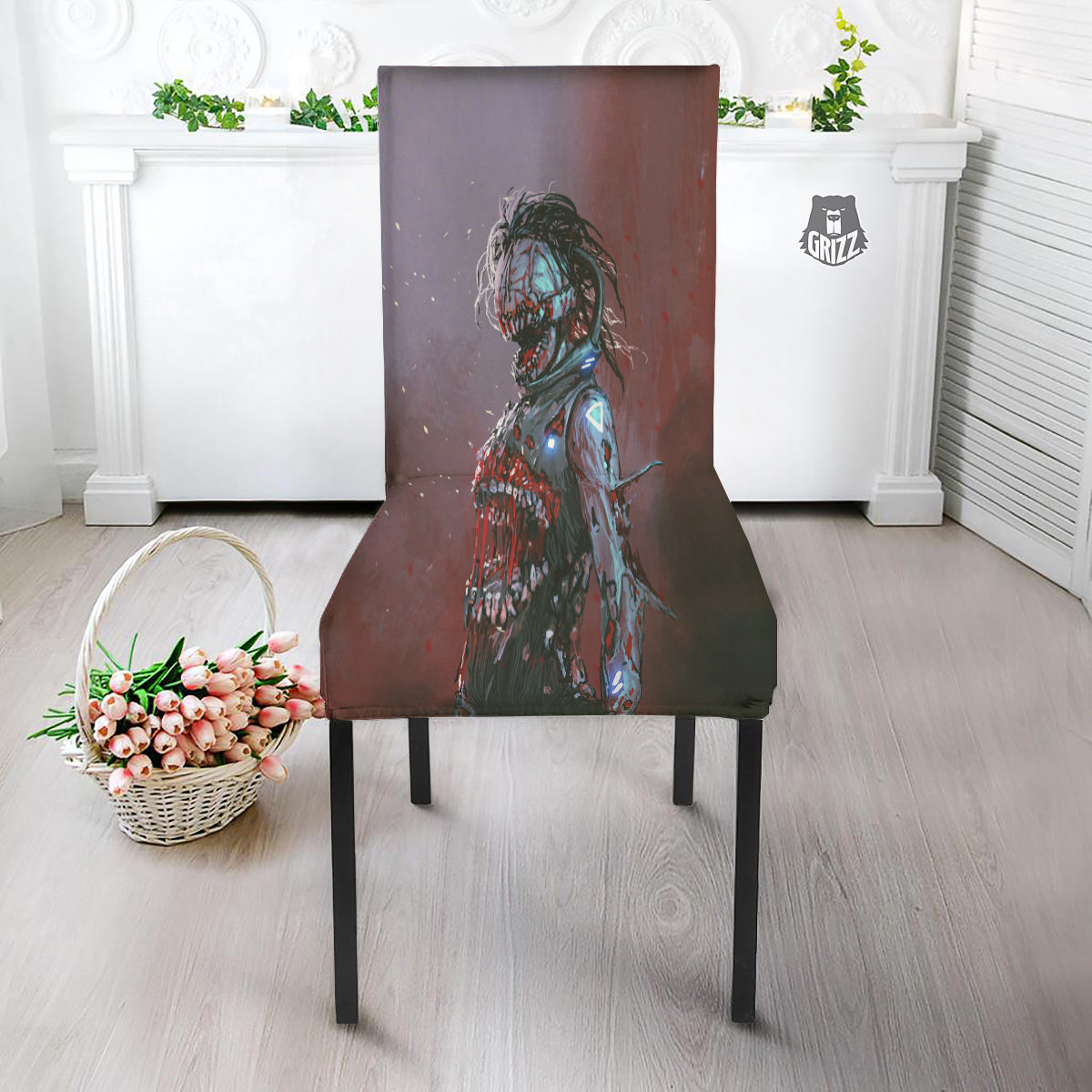 Watercolor Creepy Monsters Open Mouth Print Dining Chair Slipcover-grizzshop