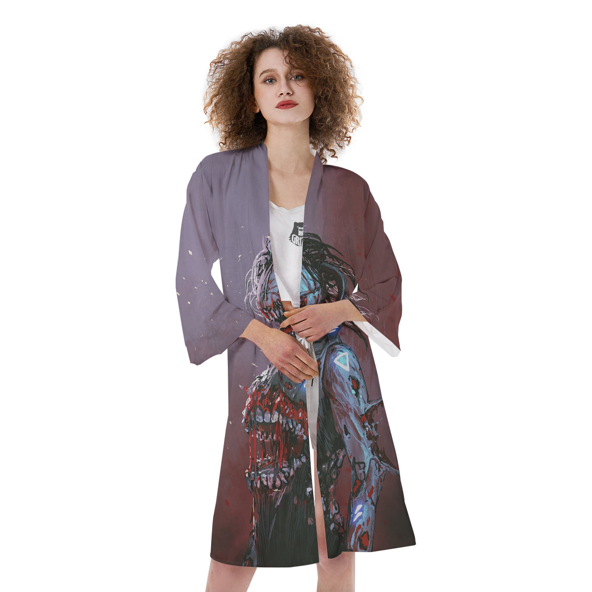 Watercolor Creepy Monsters Open Mouth Print Kimono-grizzshop
