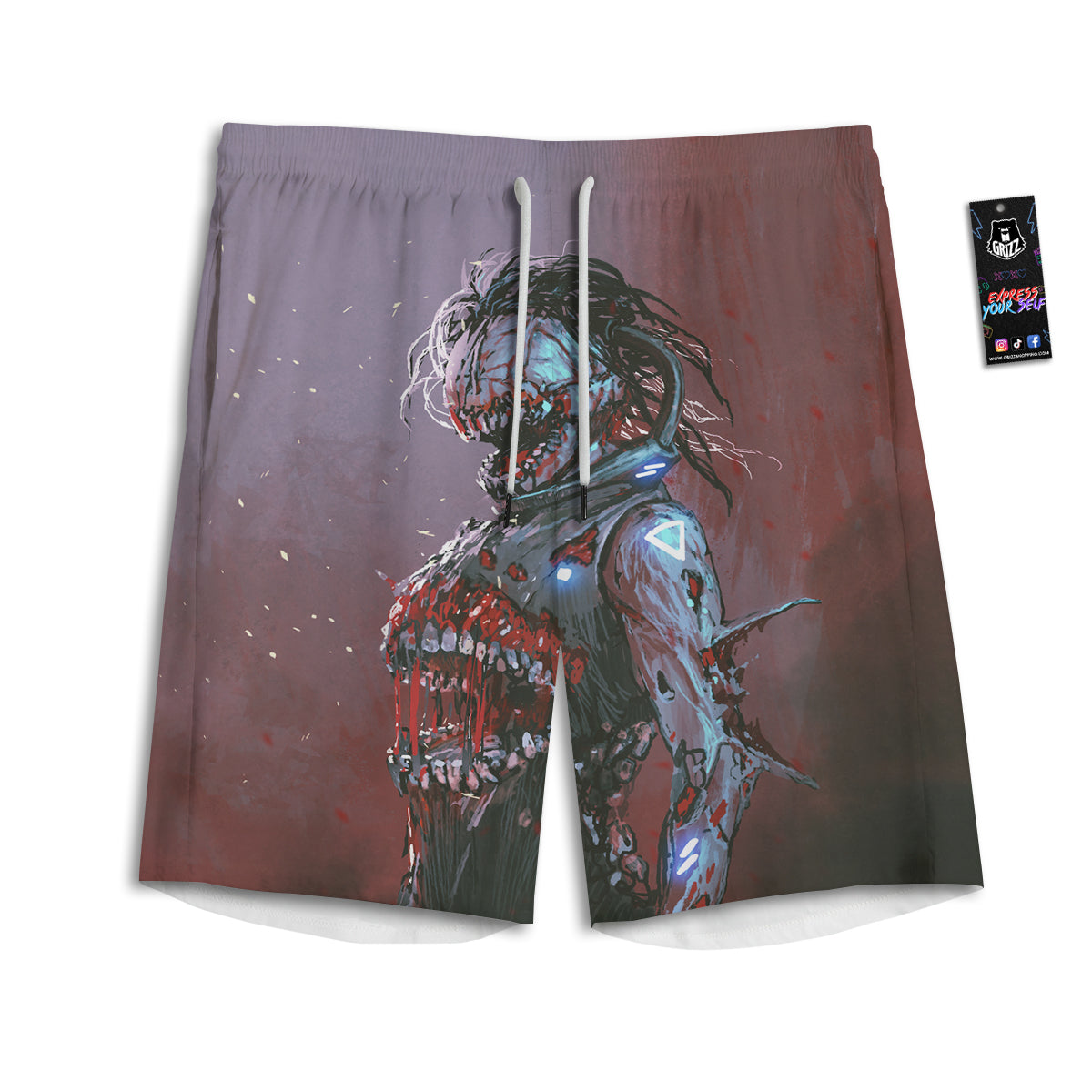 Watercolor Creepy Monsters Open Mouth Print Men's Athletic Shorts