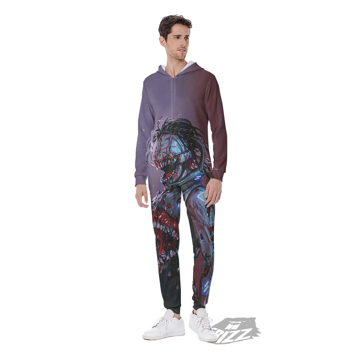 Watercolor Creepy Monsters Open Mouth Print Men's Jumpsuit-grizzshop
