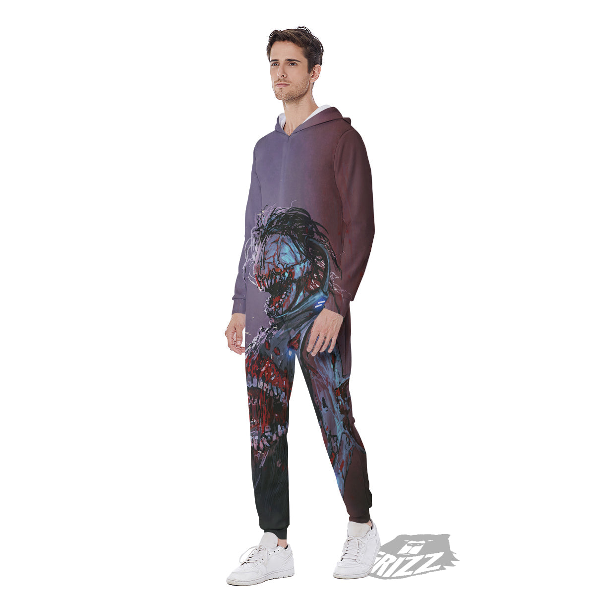 Watercolor Creepy Monsters Open Mouth Print Men's Jumpsuit-grizzshop