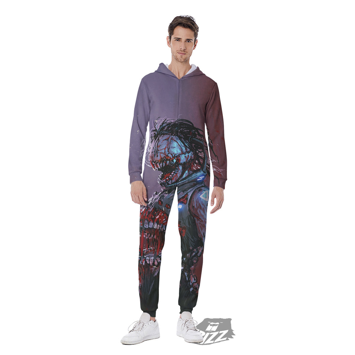 Watercolor Creepy Monsters Open Mouth Print Men's Jumpsuit-grizzshop
