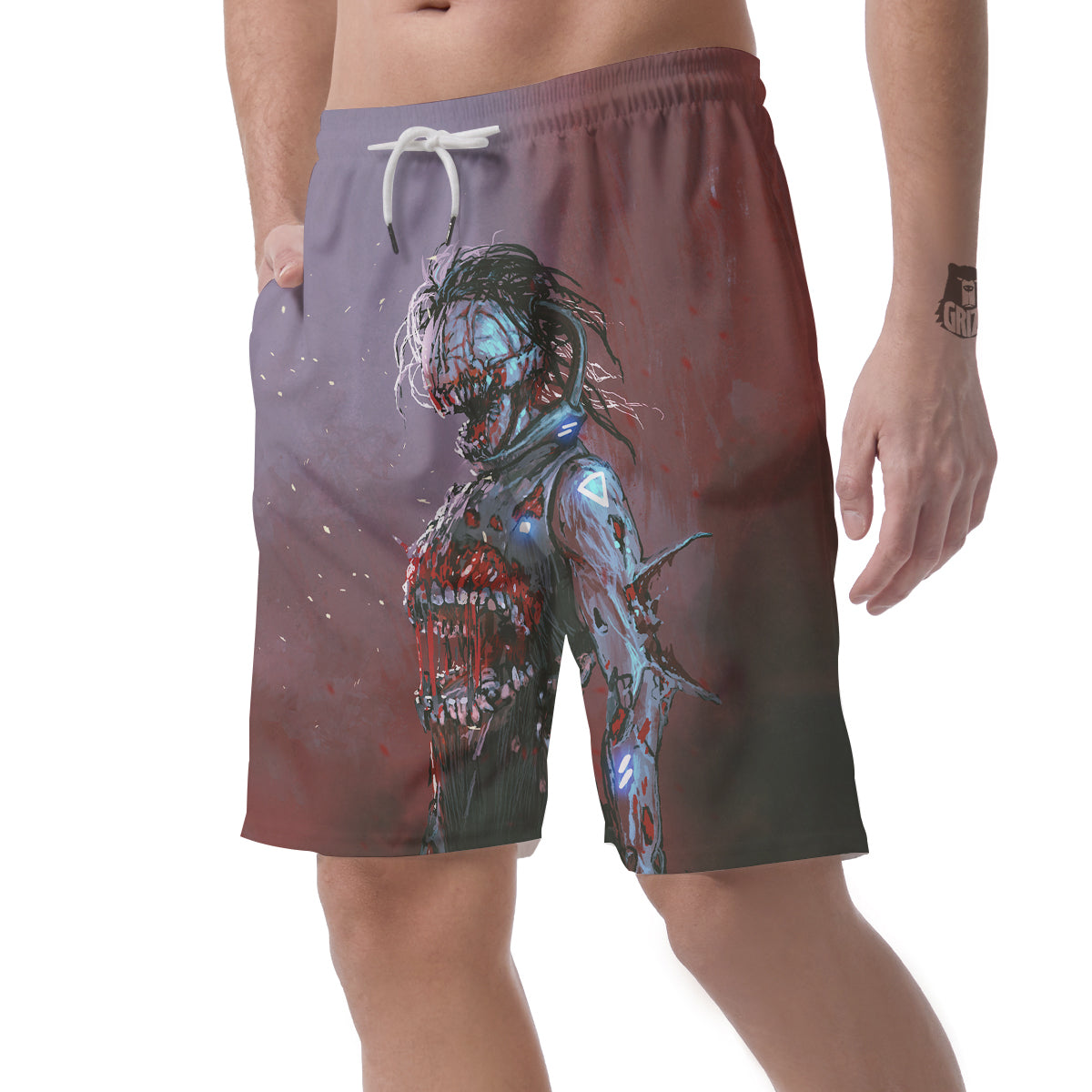 Watercolor Creepy Monsters Open Mouth Print Men's Shorts-grizzshop