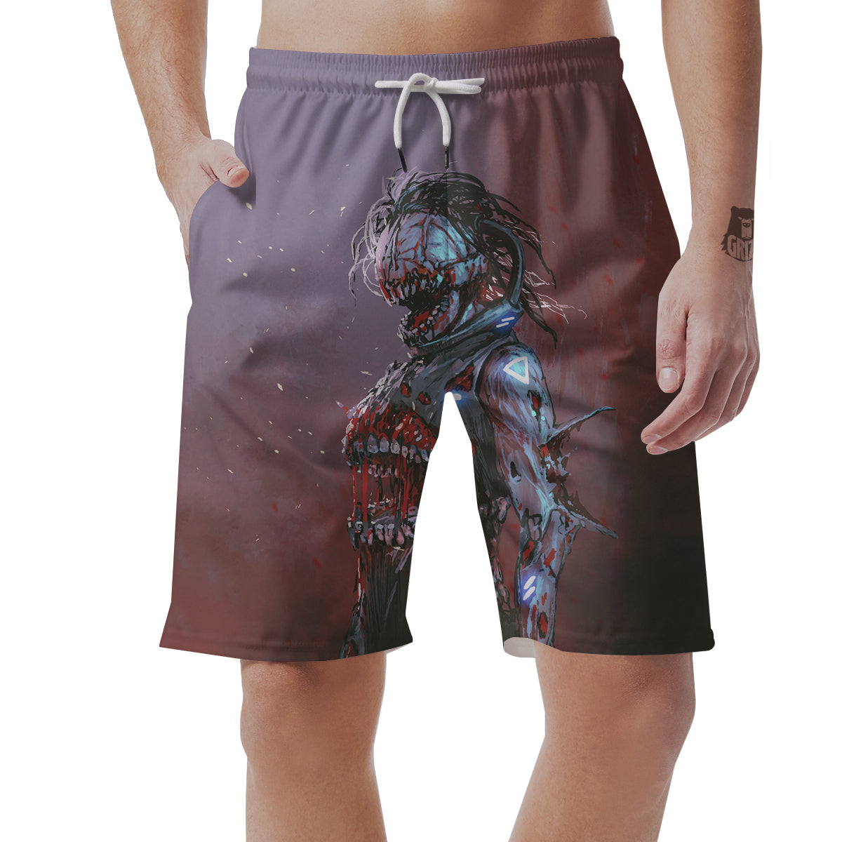 Watercolor Creepy Monsters Open Mouth Print Men's Shorts-grizzshop