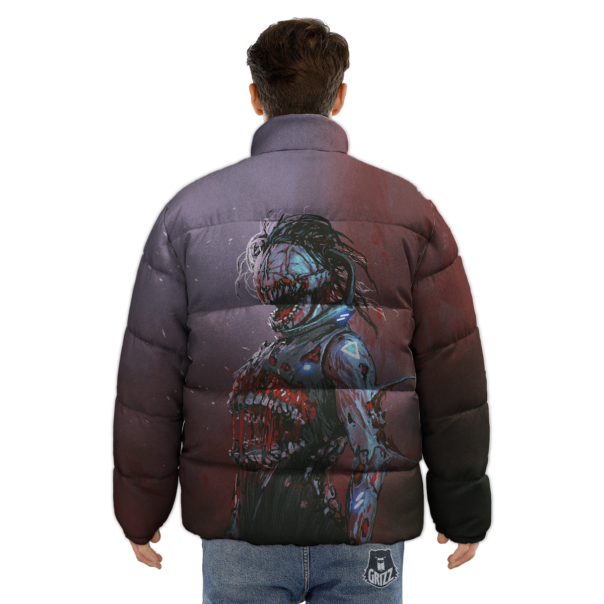 Watercolor Creepy Monsters Open Mouth Print Puffer Jacket-grizzshop