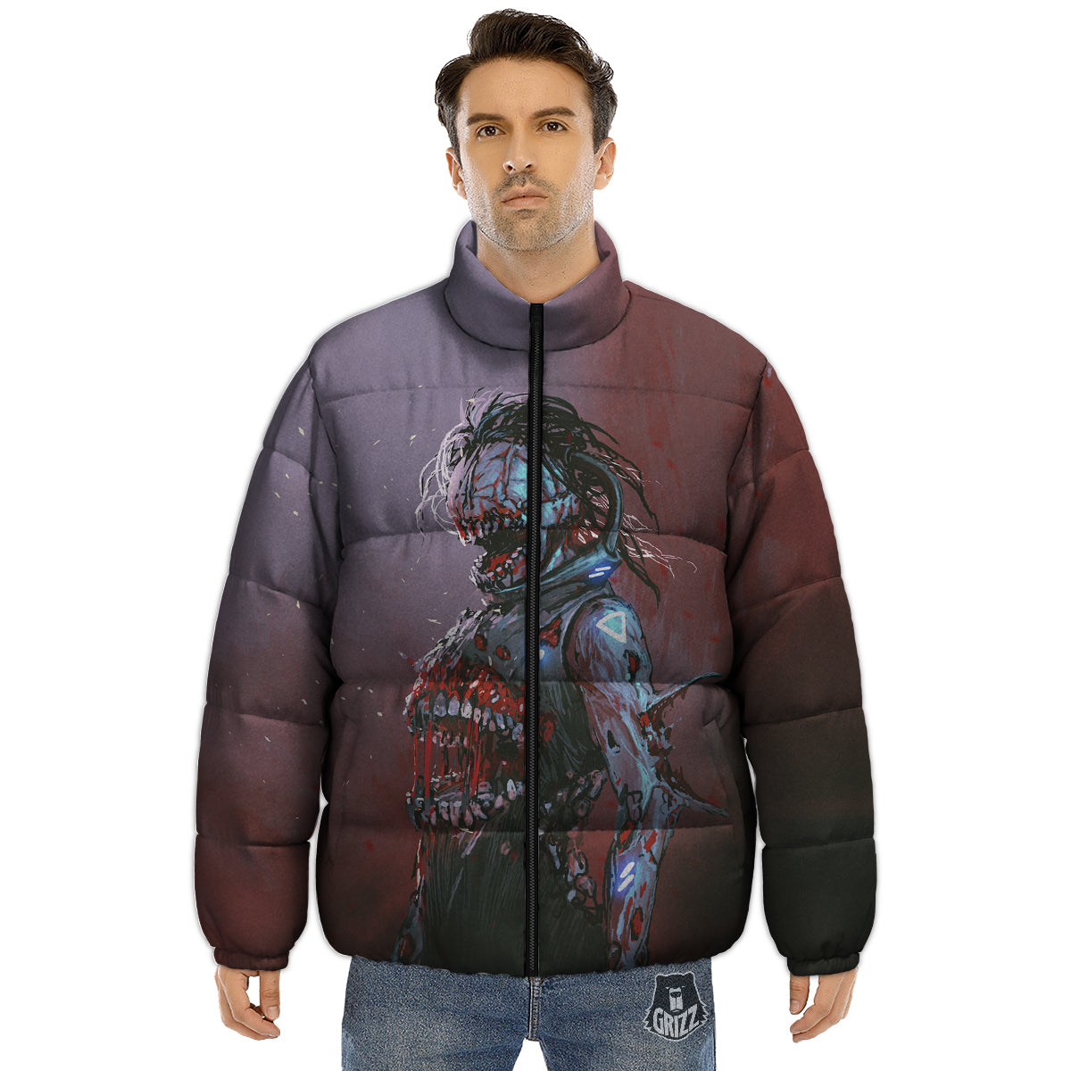 Watercolor Creepy Monsters Open Mouth Print Puffer Jacket-grizzshop