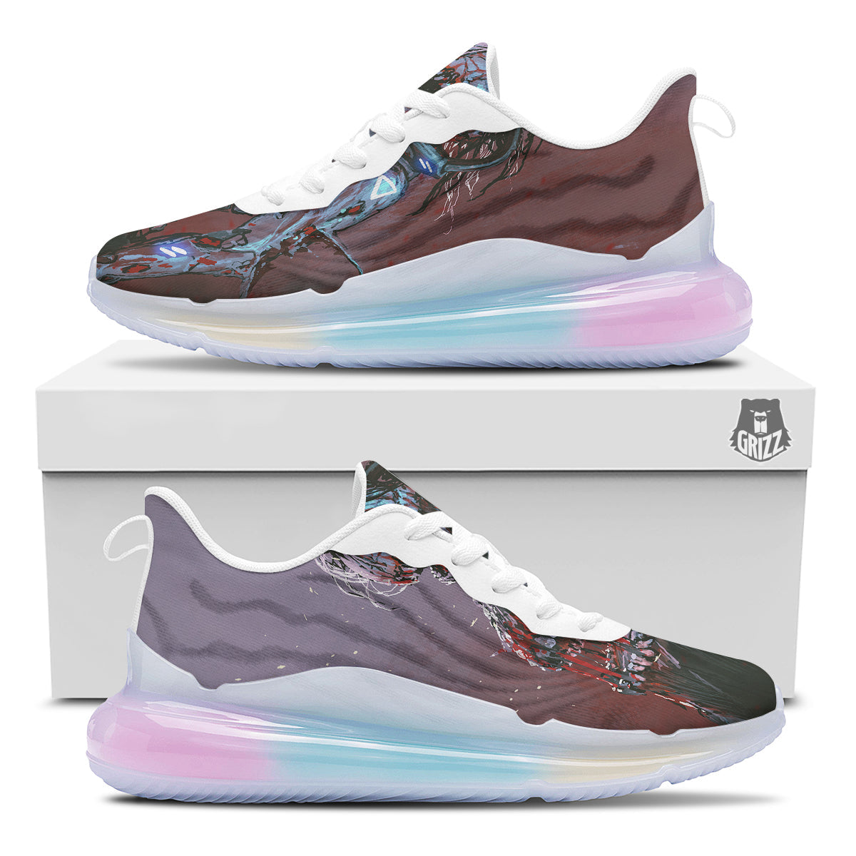 Watercolor Creepy Monsters Open Mouth Print Running Sneakers-grizzshop