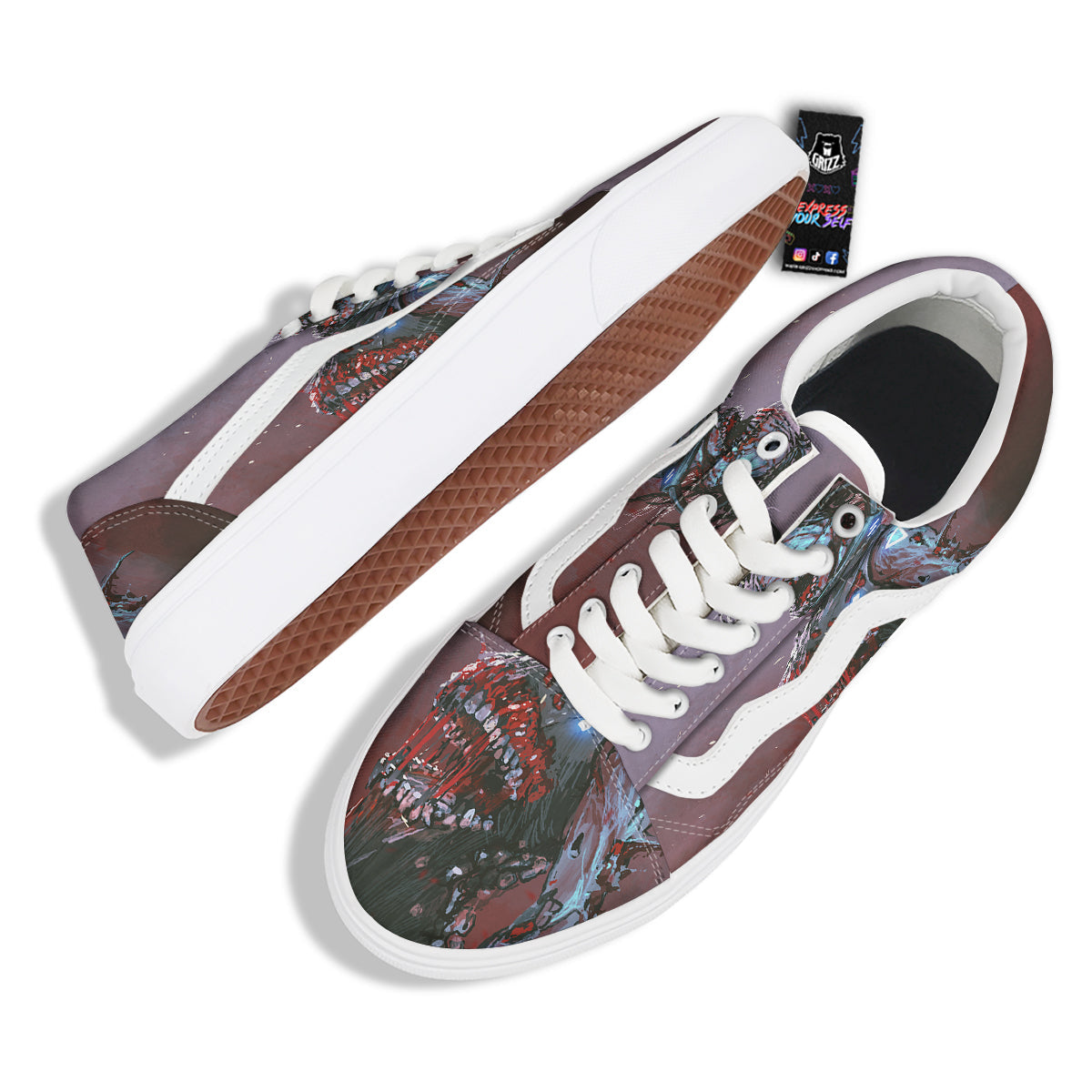 Watercolor Creepy Monsters Open Mouth Print Skate Shoes-grizzshop