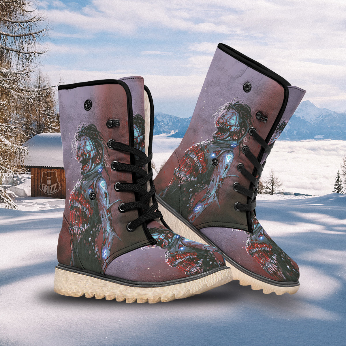 Watercolor Creepy Monsters Open Mouth Print Snow Boots-grizzshop