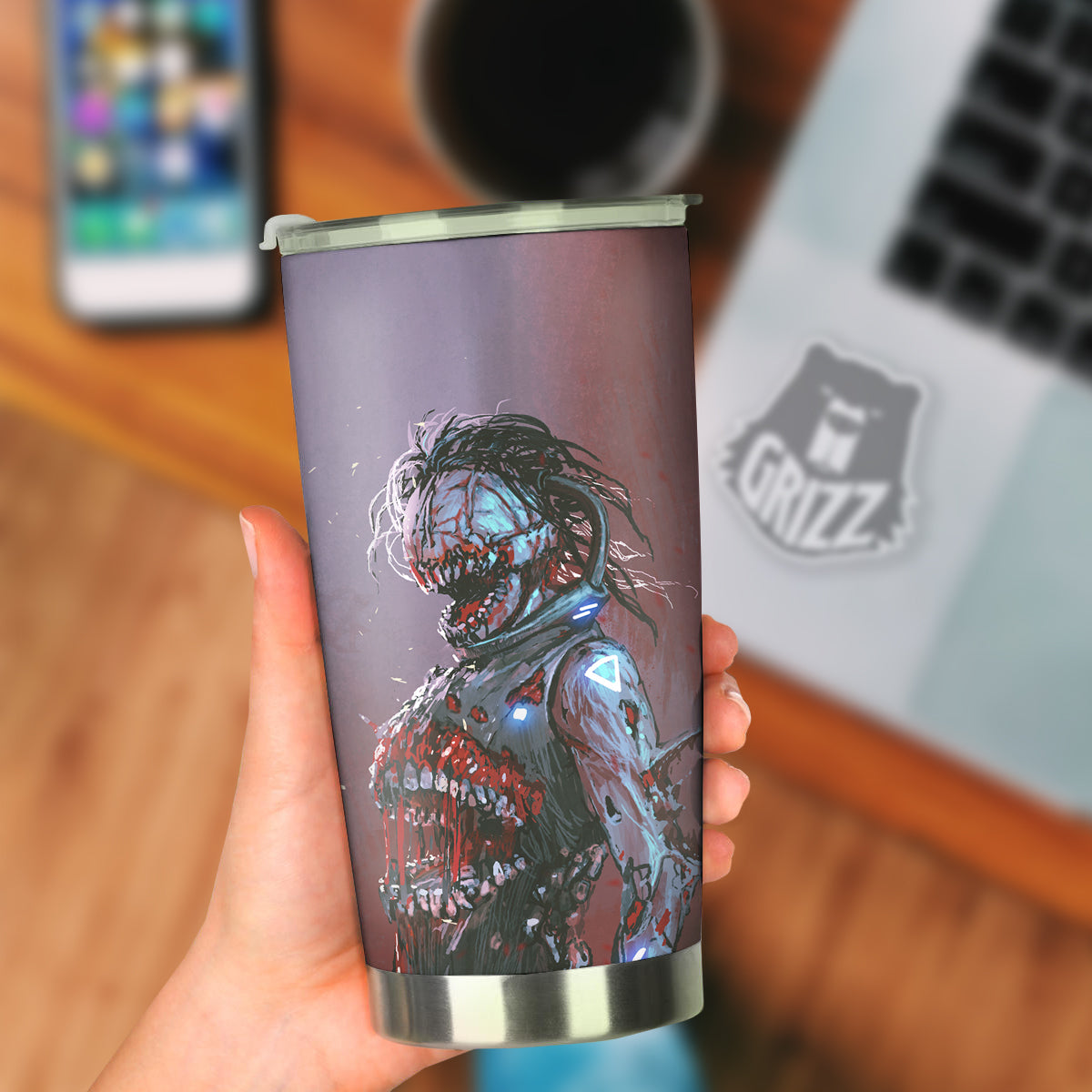 Watercolor Creepy Monsters Open Mouth Print Tumbler-grizzshop