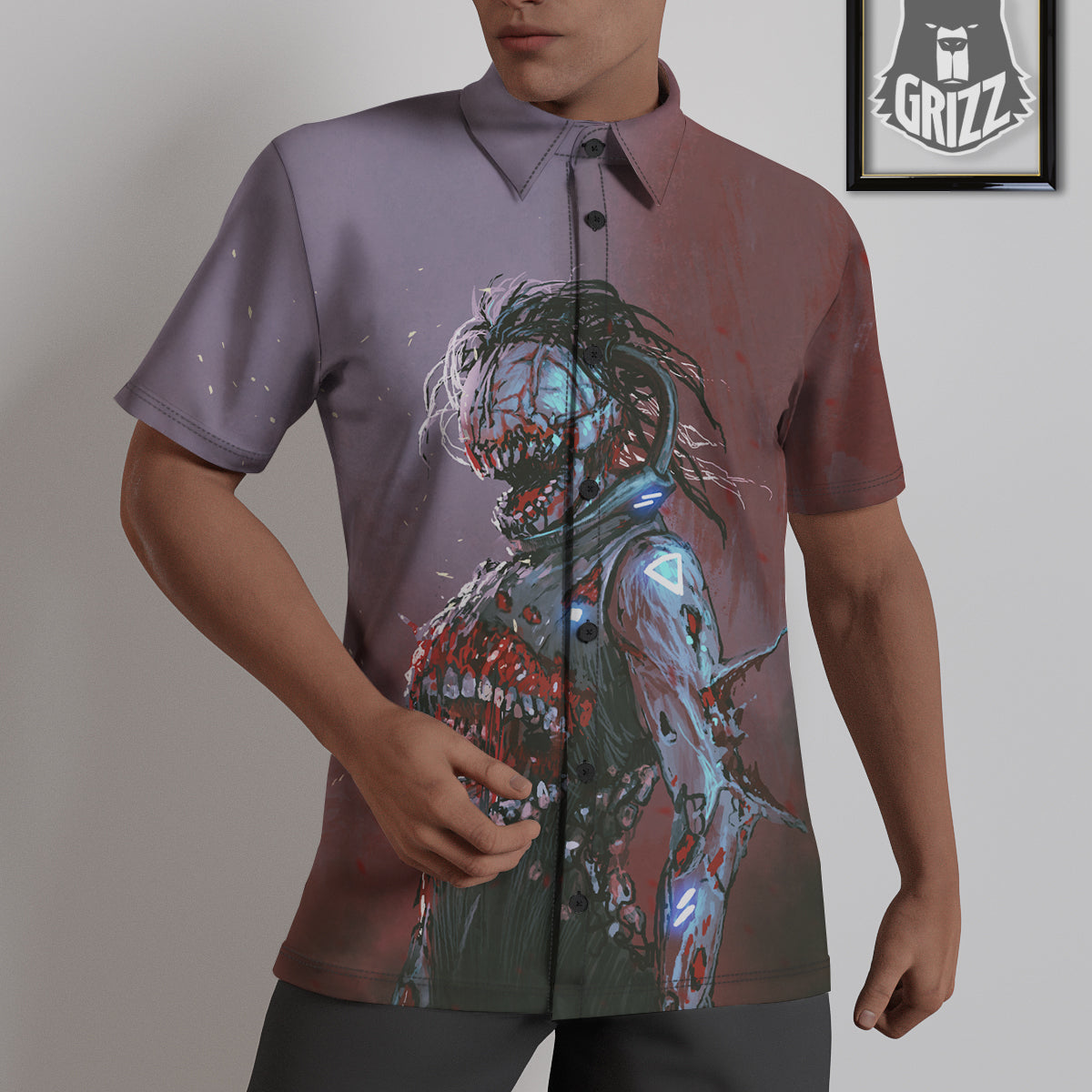 Watercolor Creepy Monsters Open Mouth Print Untucked Shirts-grizzshop