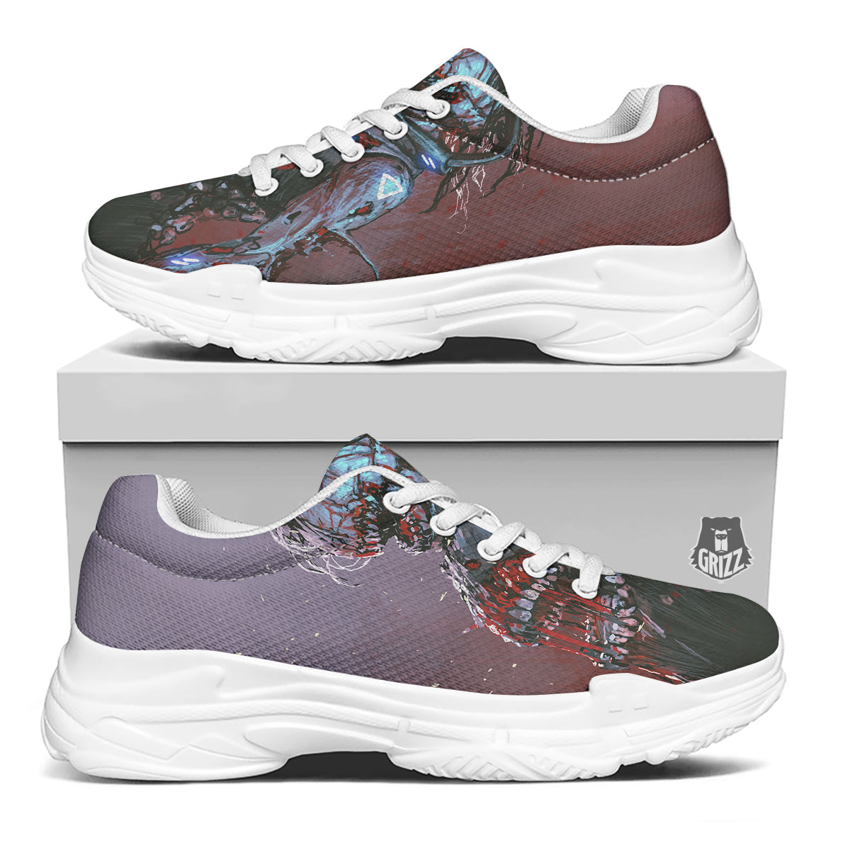 Watercolor Creepy Monsters Open Mouth Print White Chunky Shoes-grizzshop