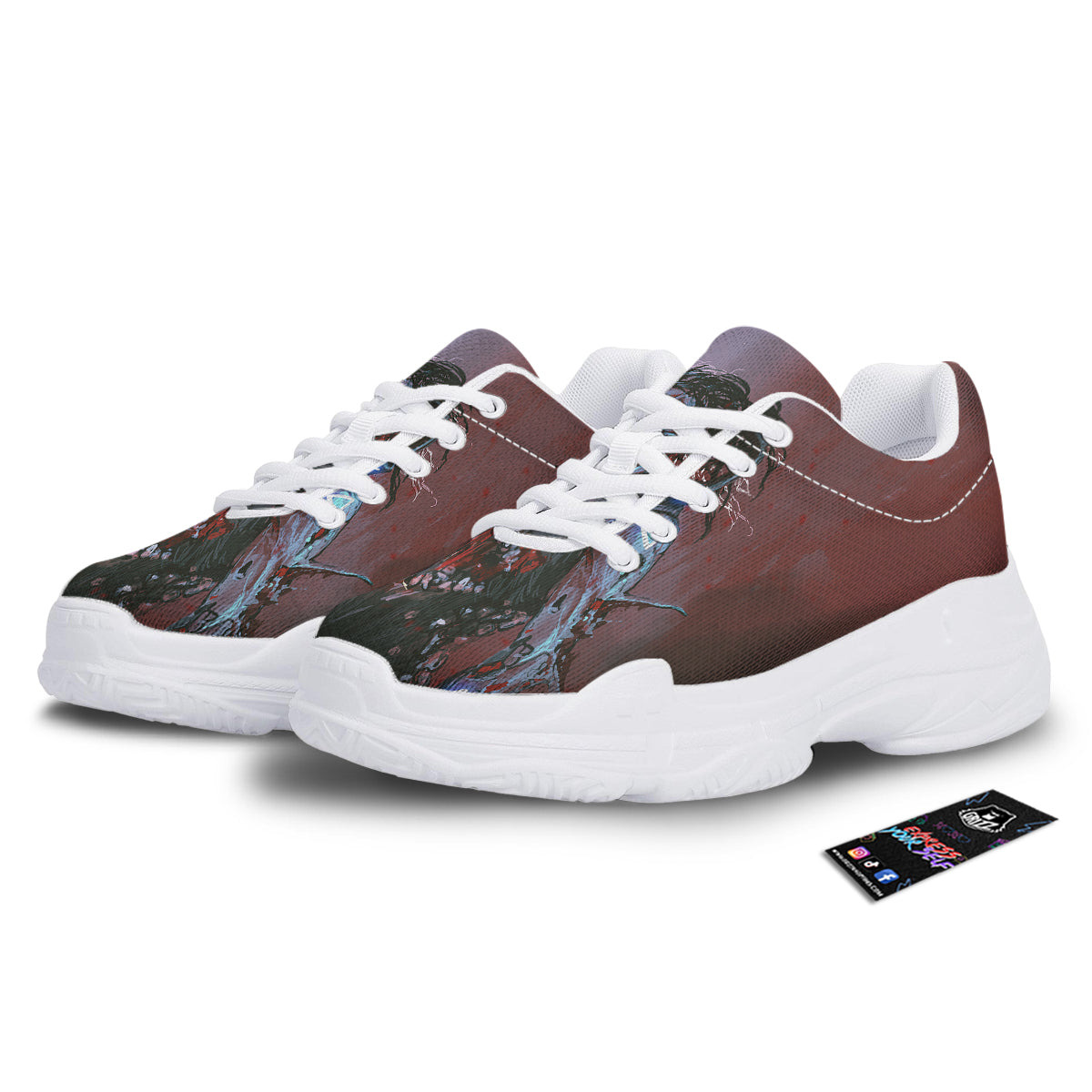 Watercolor Creepy Monsters Open Mouth Print White Chunky Shoes-grizzshop