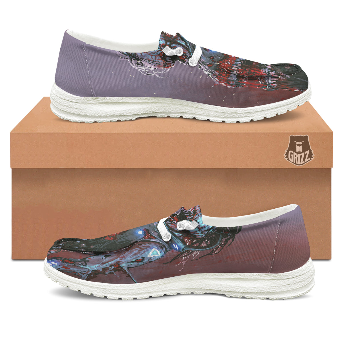 Watercolor Creepy Monsters Open Mouth Print White Loafers-grizzshop