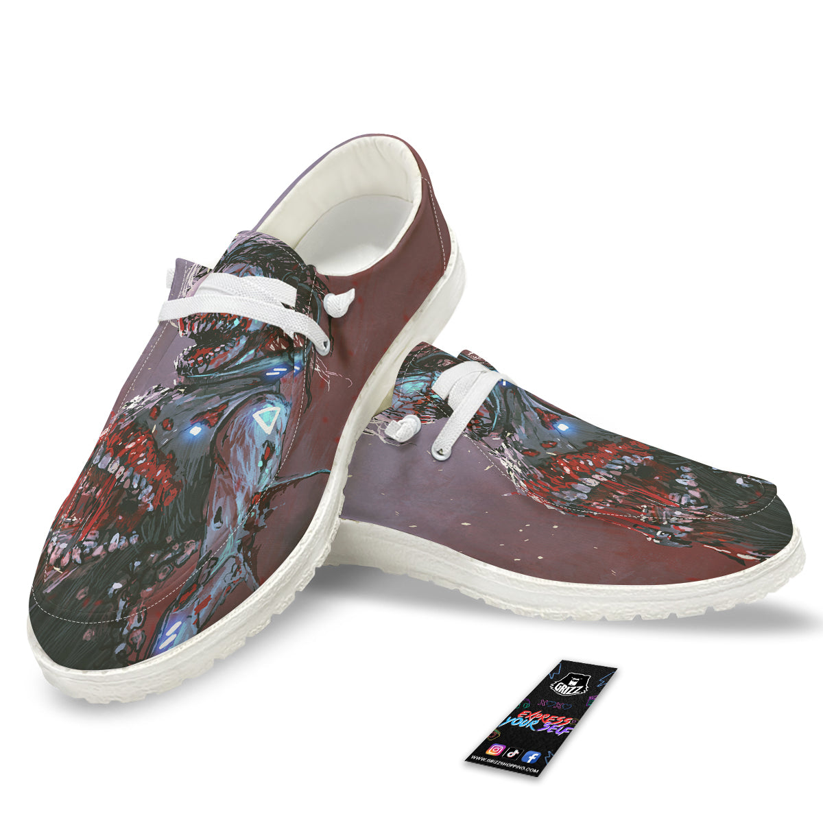 Watercolor Creepy Monsters Open Mouth Print White Loafers-grizzshop