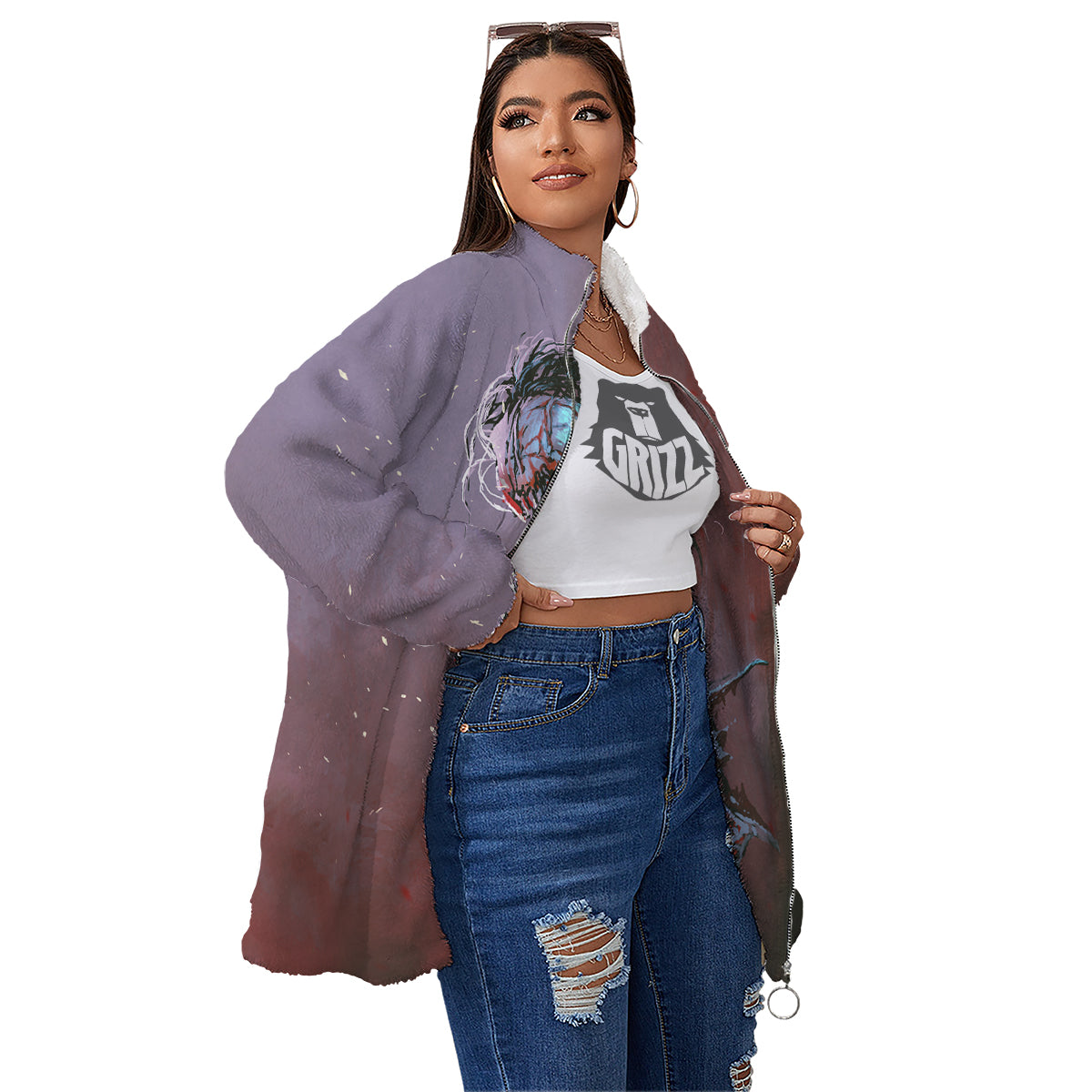 Watercolor Creepy Monsters Open Mouth Print Women's Sherpa Jacket-grizzshop