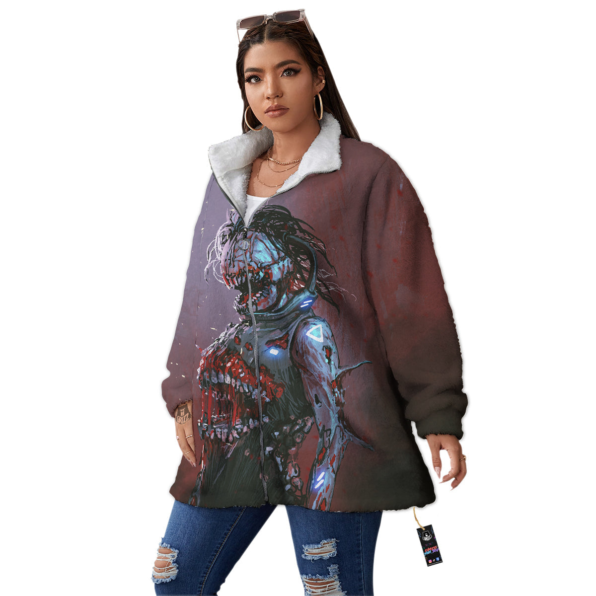 Watercolor Creepy Monsters Open Mouth Print Women's Sherpa Jacket-grizzshop