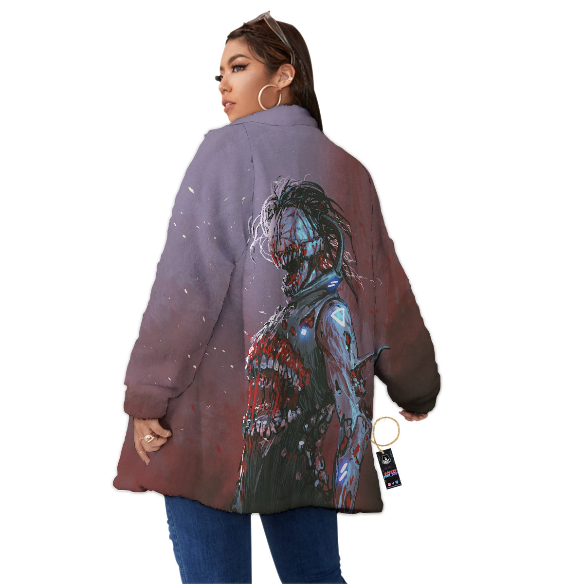 Watercolor Creepy Monsters Open Mouth Print Women's Sherpa Jacket-grizzshop
