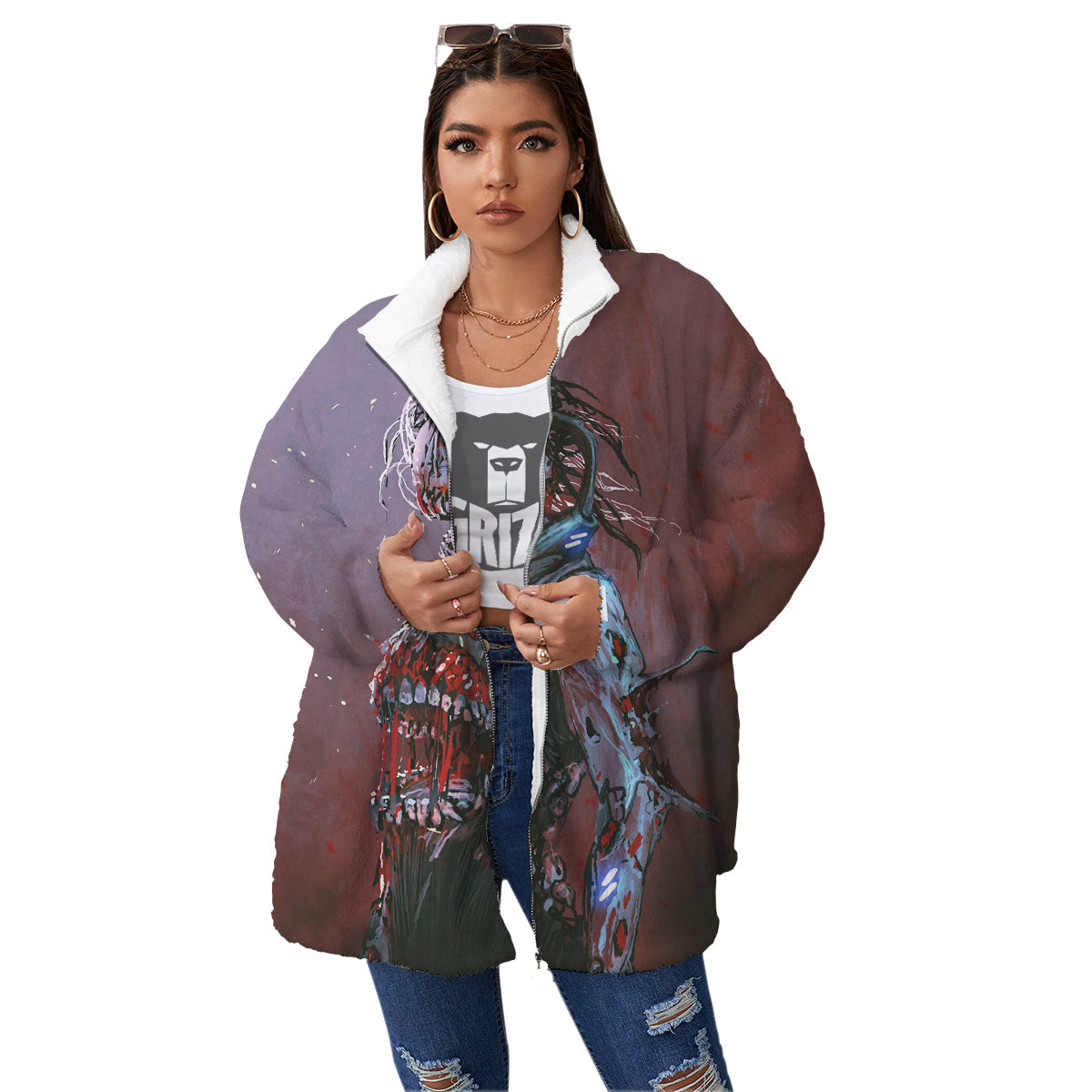 Watercolor Creepy Monsters Open Mouth Print Women's Sherpa Jacket-grizzshop
