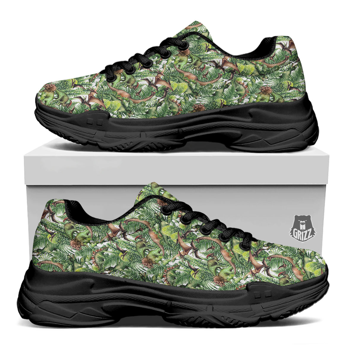 Watercolor Dinosaurs Plants Print Pattern Black Chunky Shoes-grizzshop