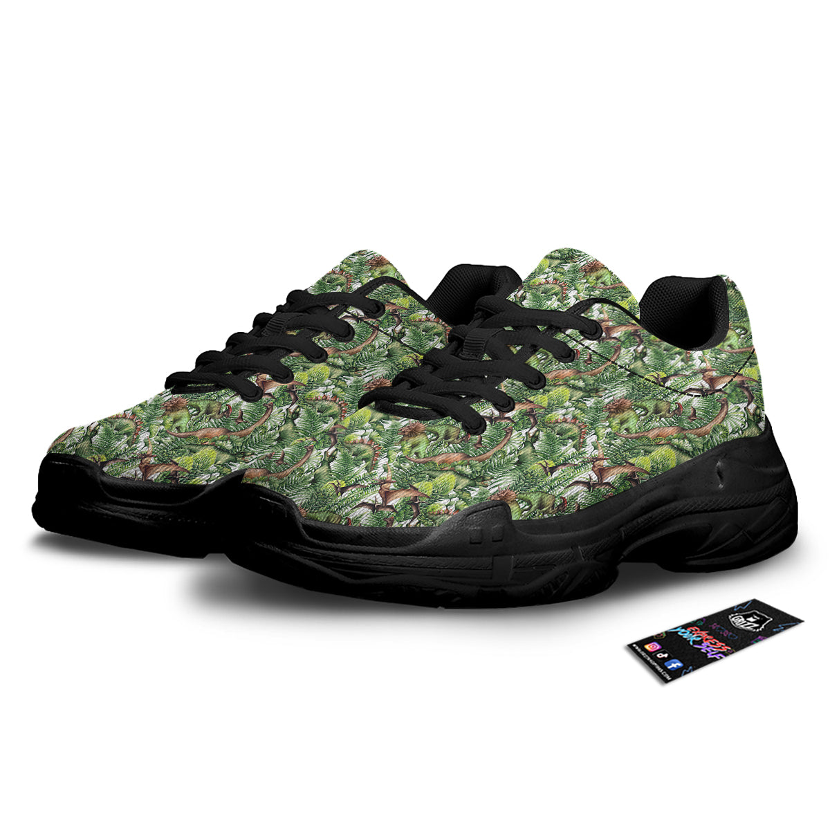 Watercolor Dinosaurs Plants Print Pattern Black Chunky Shoes-grizzshop