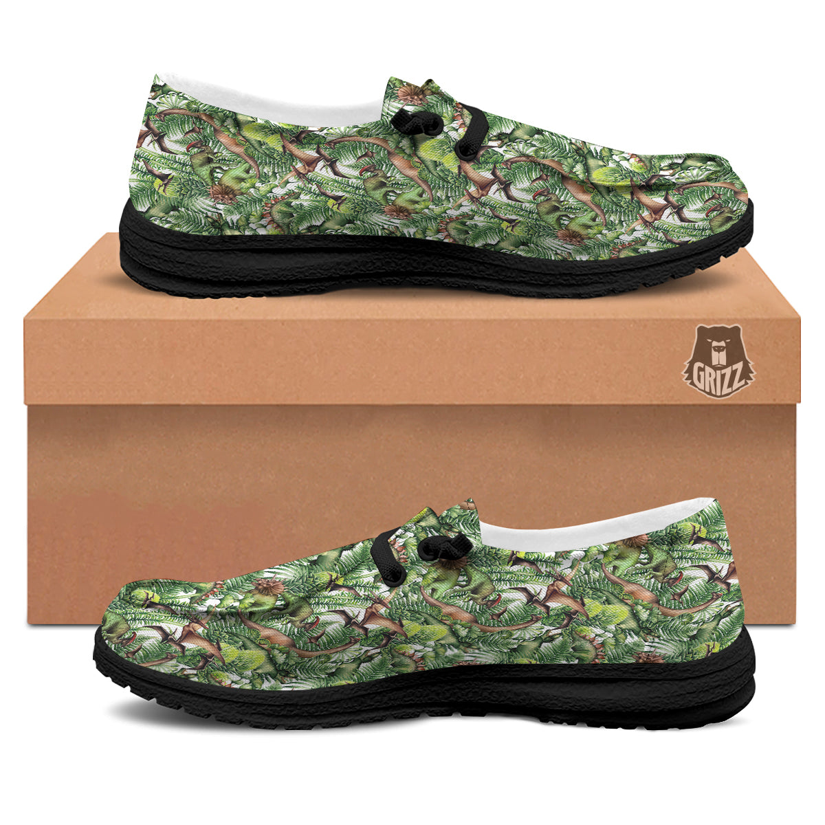 Watercolor Dinosaurs Plants Print Pattern Black Loafers-grizzshop
