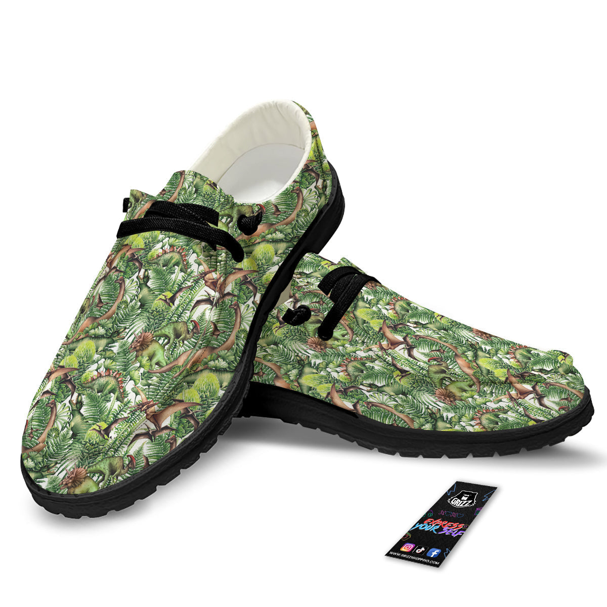 Watercolor Dinosaurs Plants Print Pattern Black Loafers-grizzshop
