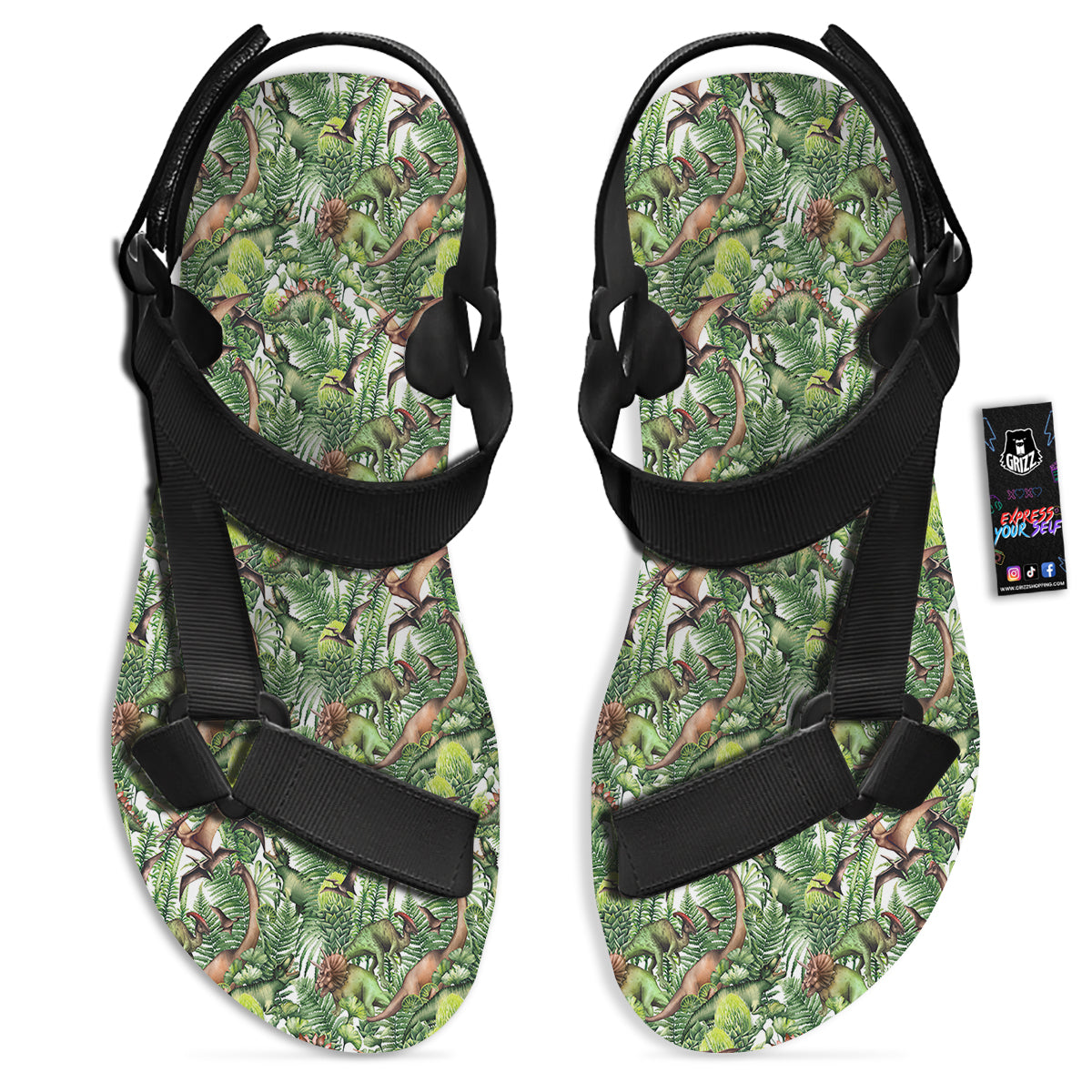 Watercolor Dinosaurs Plants Print Pattern Black Open Toe Sandals-grizzshop