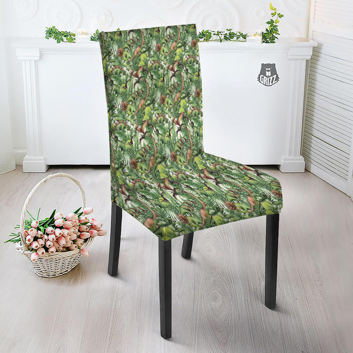 Watercolor Dinosaurs Plants Print Pattern Dining Chair Slipcover-grizzshop
