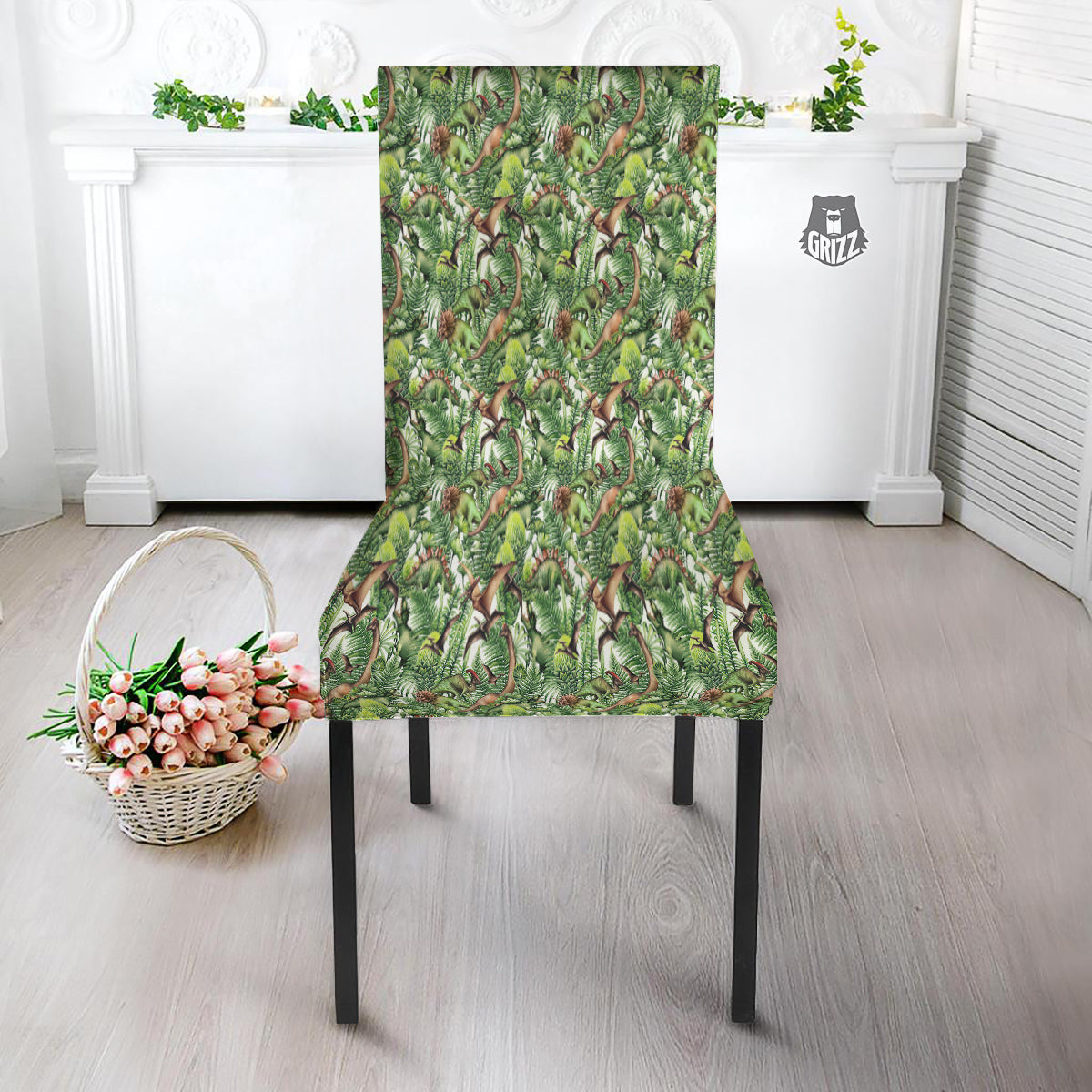 Watercolor Dinosaurs Plants Print Pattern Dining Chair Slipcover-grizzshop