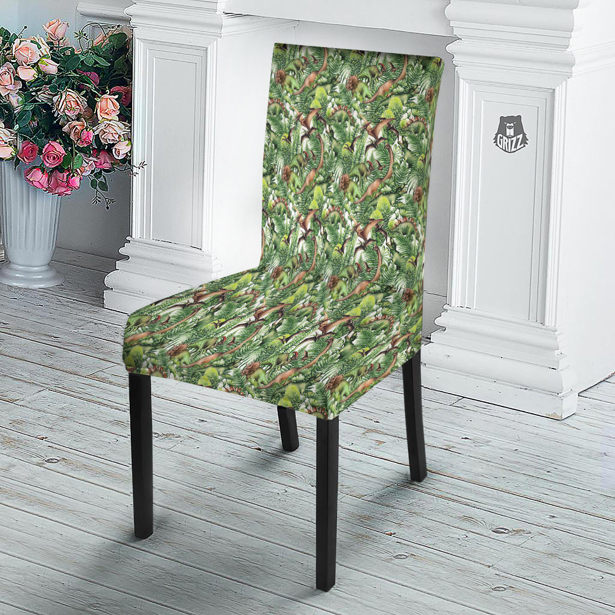 Watercolor Dinosaurs Plants Print Pattern Dining Chair Slipcover-grizzshop