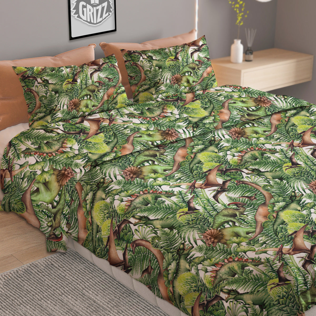 Watercolor Dinosaurs Plants Print Pattern Duvet Cover Bedding Set