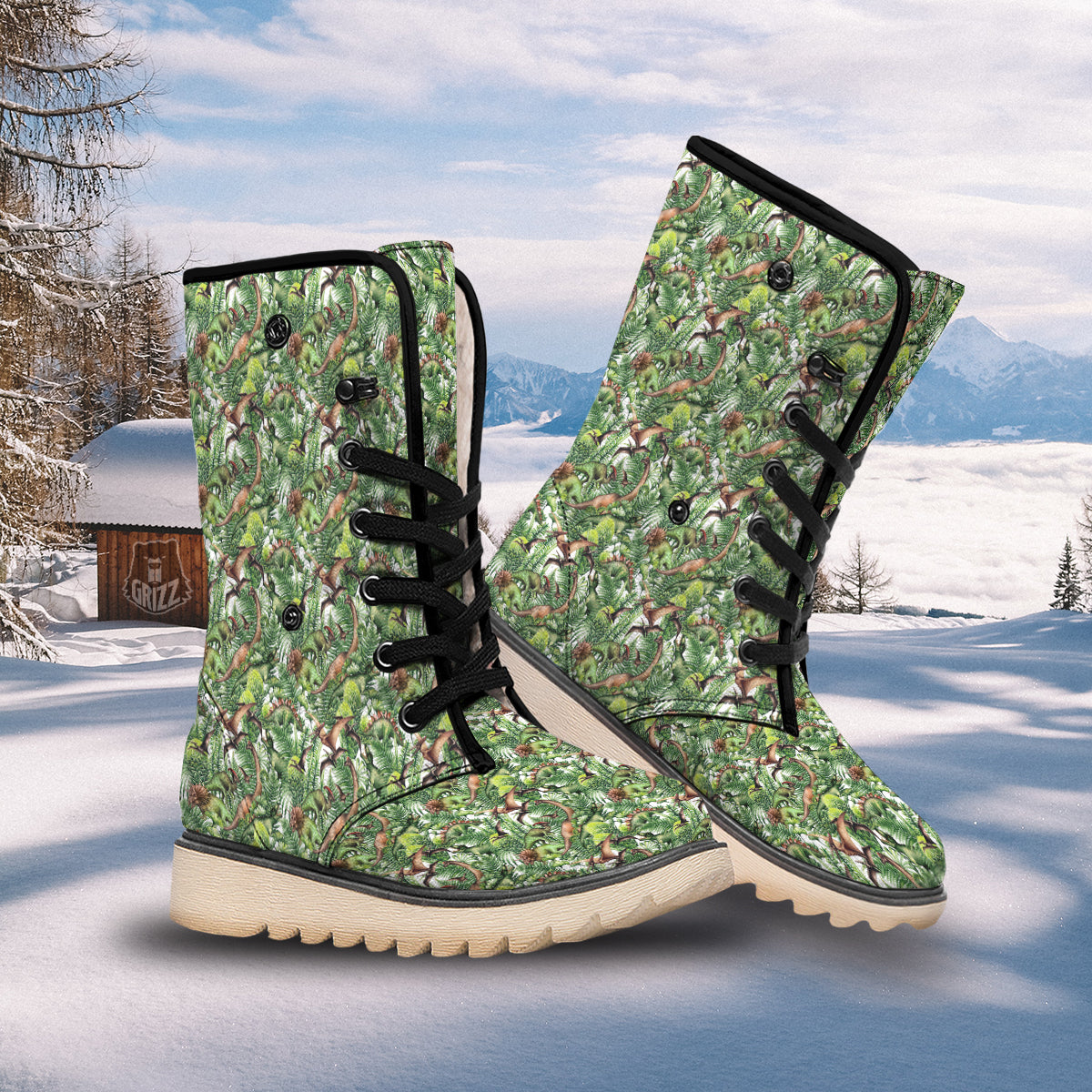Watercolor Dinosaurs Plants Print Pattern Snow Boots-grizzshop