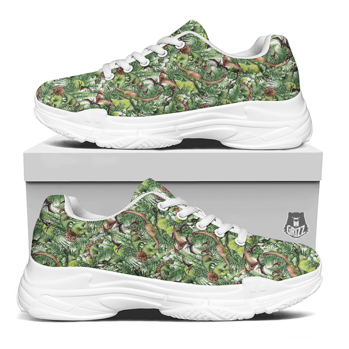 Watercolor Dinosaurs Plants Print Pattern White Chunky Shoes-grizzshop