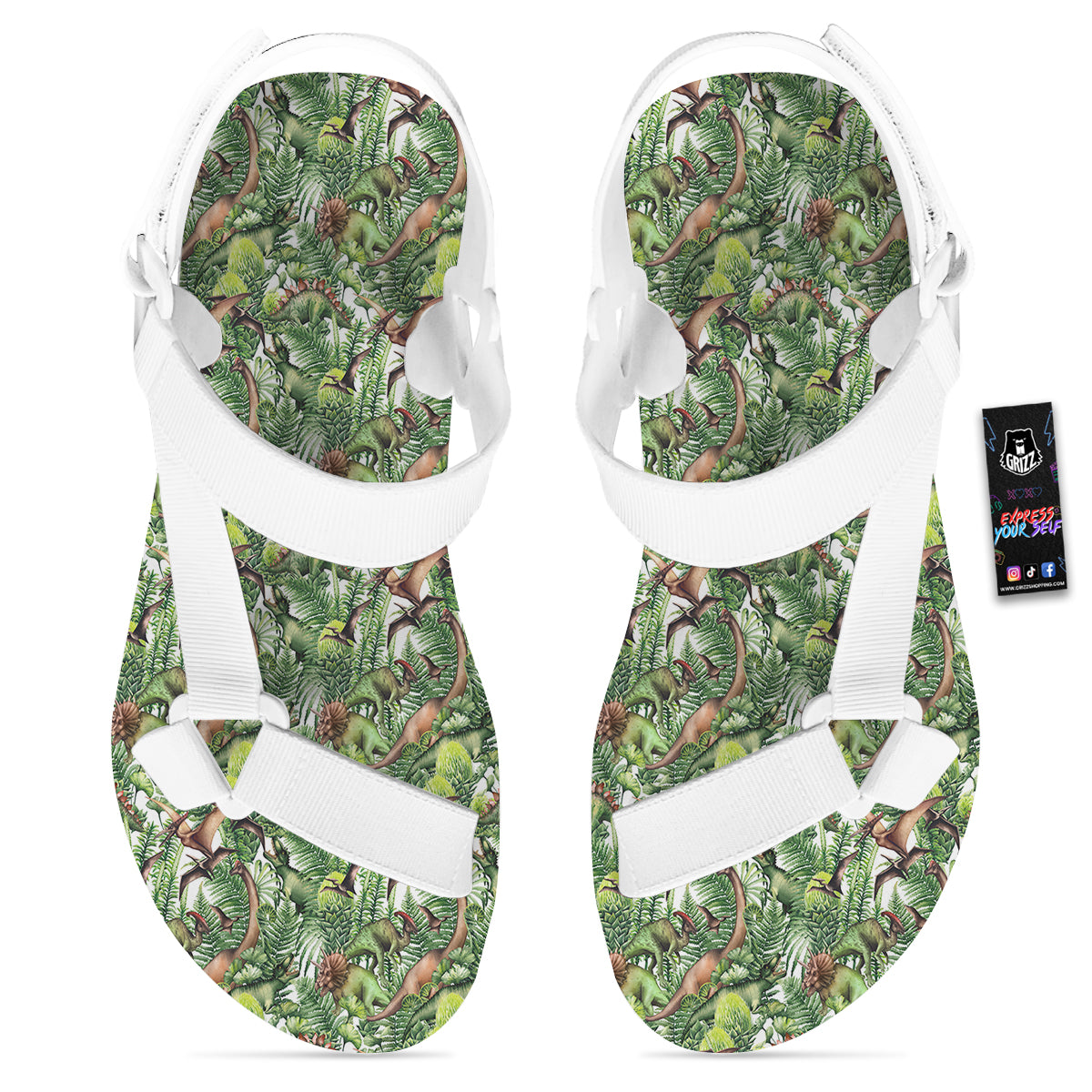 Watercolor Dinosaurs Plants Print Pattern White Open Toe Sandals-grizzshop