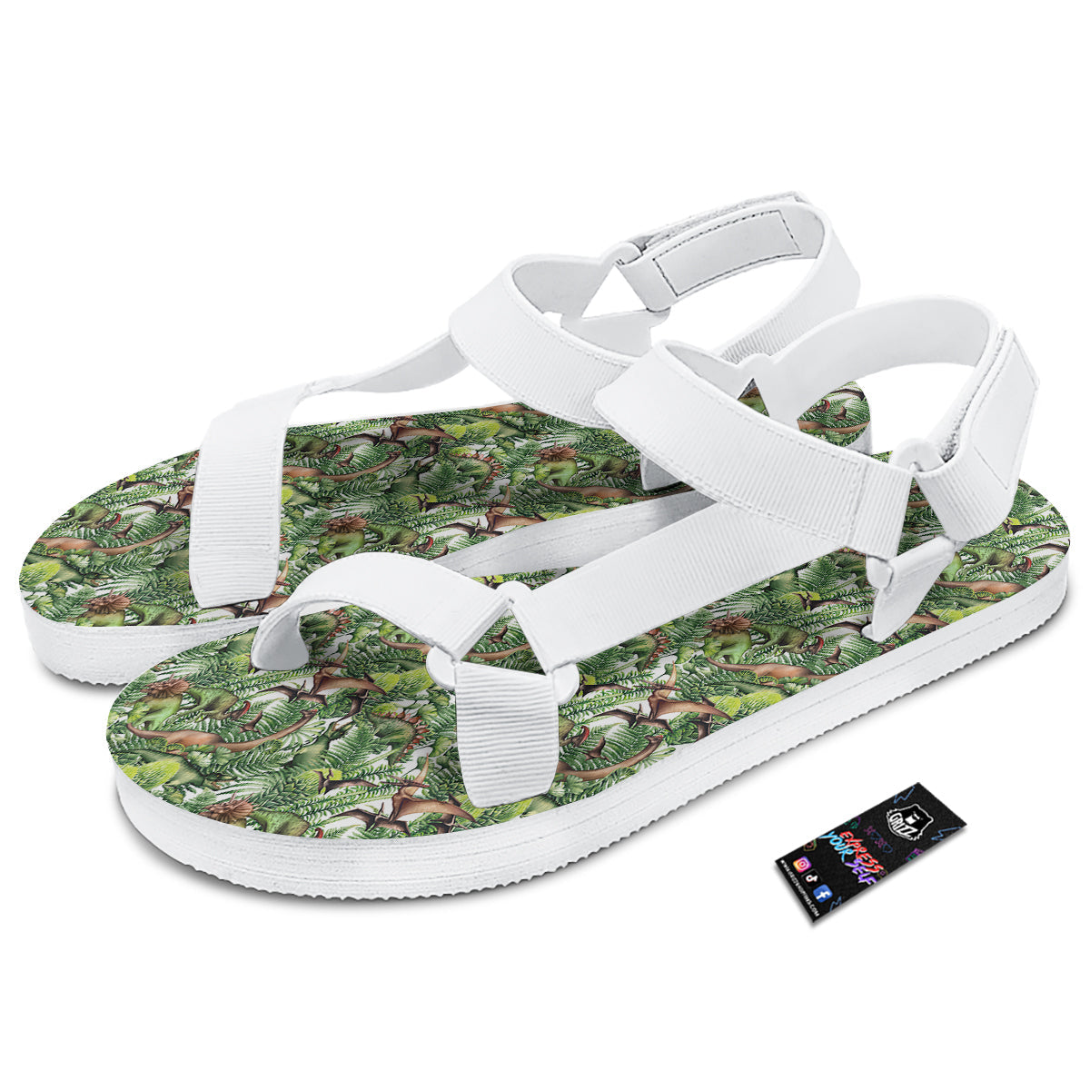 Watercolor Dinosaurs Plants Print Pattern White Open Toe Sandals-grizzshop