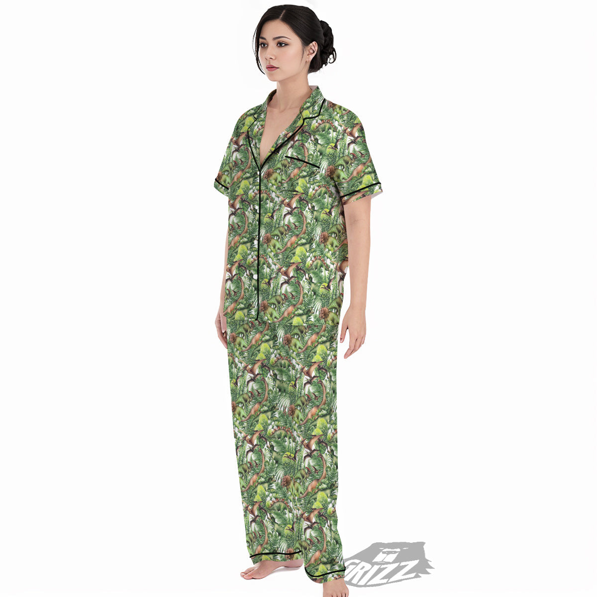 Watercolor Dinosaurs Plants Print Pattern Women's Pajamas Set-grizzshop