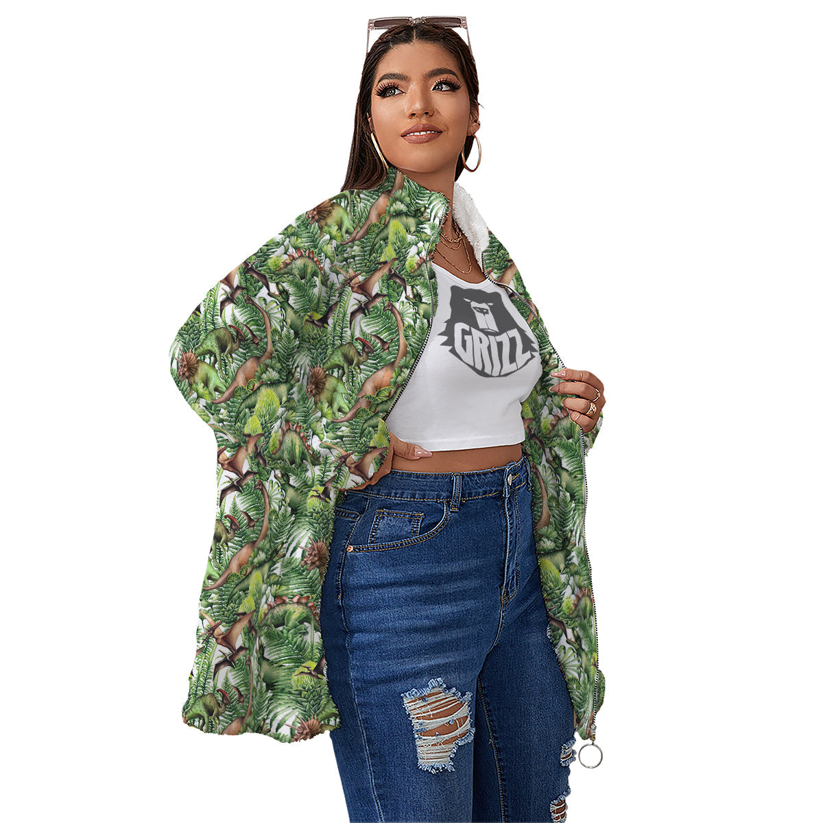 Watercolor Dinosaurs Plants Print Pattern Women's Sherpa Jacket-grizzshop