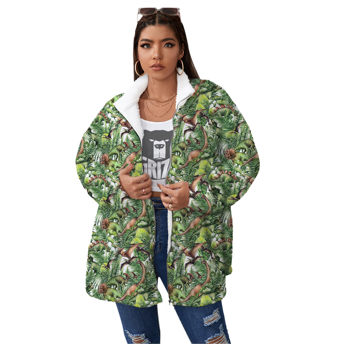 Watercolor Dinosaurs Plants Print Pattern Women's Sherpa Jacket-grizzshop