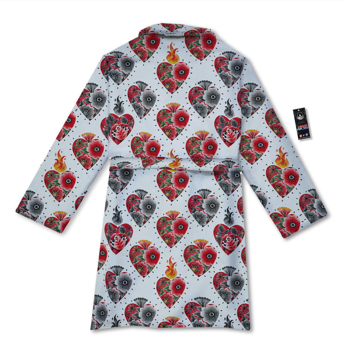 Watercolor Flaming Heart Tattoo Print Pattern Bathrobe-grizzshop