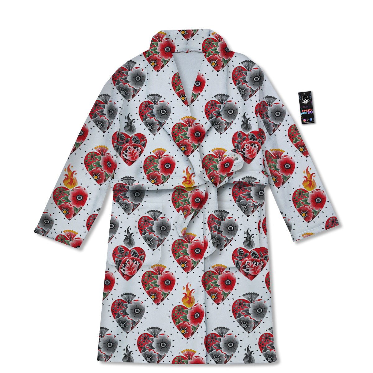 Watercolor Flaming Heart Tattoo Print Pattern Bathrobe-grizzshop