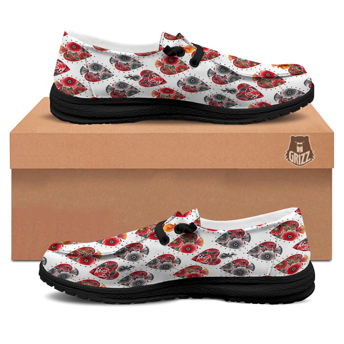 Watercolor Flaming Heart Tattoo Print Pattern Black Loafers-grizzshop